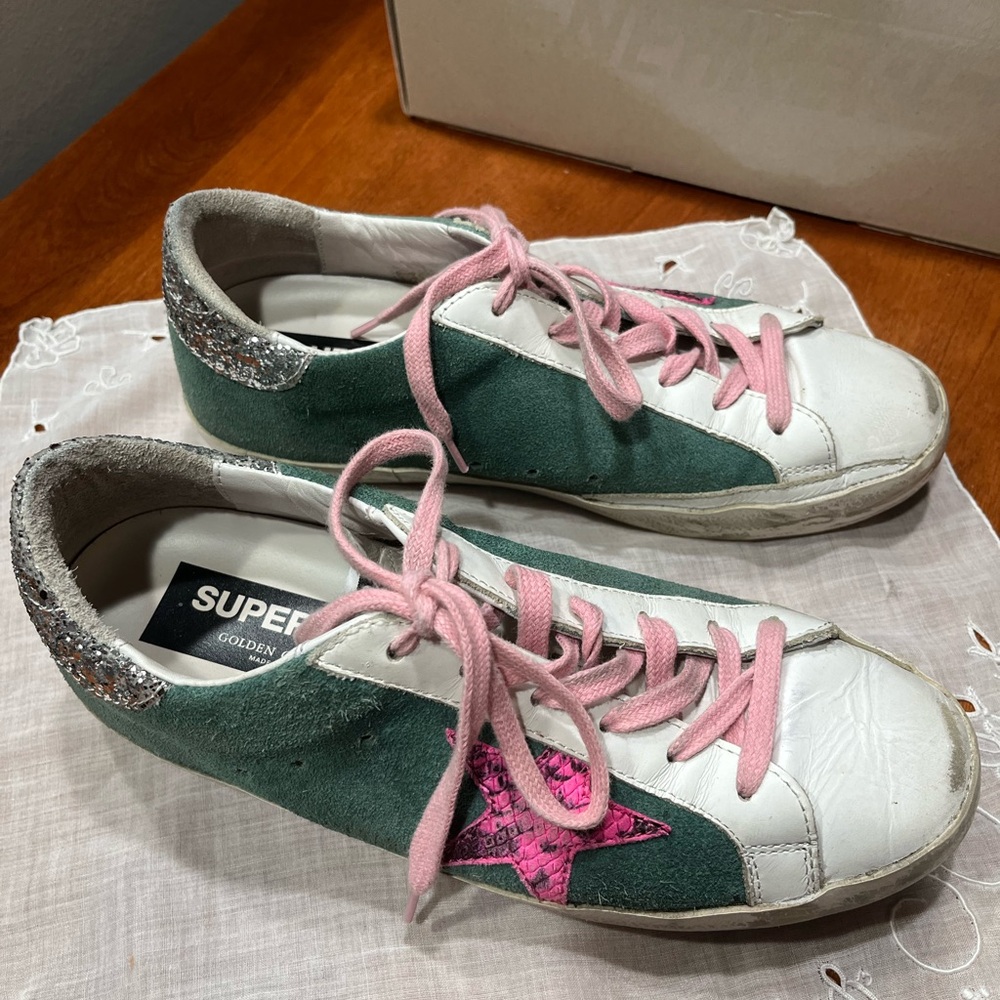 Golden Goose Superstar Sneakers with Pink and Green Accents size 38